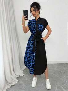 Vestido largo de manga corta para verano 2025, nuevo, con bolsillo, abertura lateral, cinturón y lazo, estampado de leopardo, para uso casual y de viaje - Azul - Ver 4