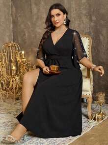 Vestido maxi elegante de fiesta con abertura, cuello en V ajustado, mangas acampanadas y cintura fruncida, talla grande para mujer - Negro - Ver 6