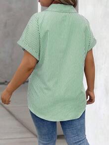 Vionelle Blusa casual de talla grande para mujer con estampado de rayas azul y blanco, de manga corta y abotonada, para el verano - verde menta - Ver 2