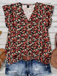 Camisa casual de mujer de manga corta con cuello en V, con estampado de rayas en un estilo minimalista, bohemio, elegante y romántico, retro, adecuado para festivales de música, playa, vacaciones de verano - Multicolor 9 - Ver 5