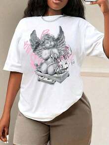 1psc2026 Women's Summer Clothes, Fashionable Elegant Tops For Women, Angel Letter Print T-Shirt, Short Sleeve T-Shirt, Graphic Tees For Women, Summer Tops, High Quality Spring Sets For Women, Summer Beach Shirt For Women, Short Sleeve, 100% High Quality Cotton - 白色 - 查看 6