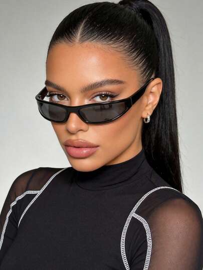 1 Pair Black Wrap-Around Small Frame Women's Fashion Fashion Glasses, Y2K Avant-Garde Glasses, Narrow Frame Small Futuristic Women Eyewear