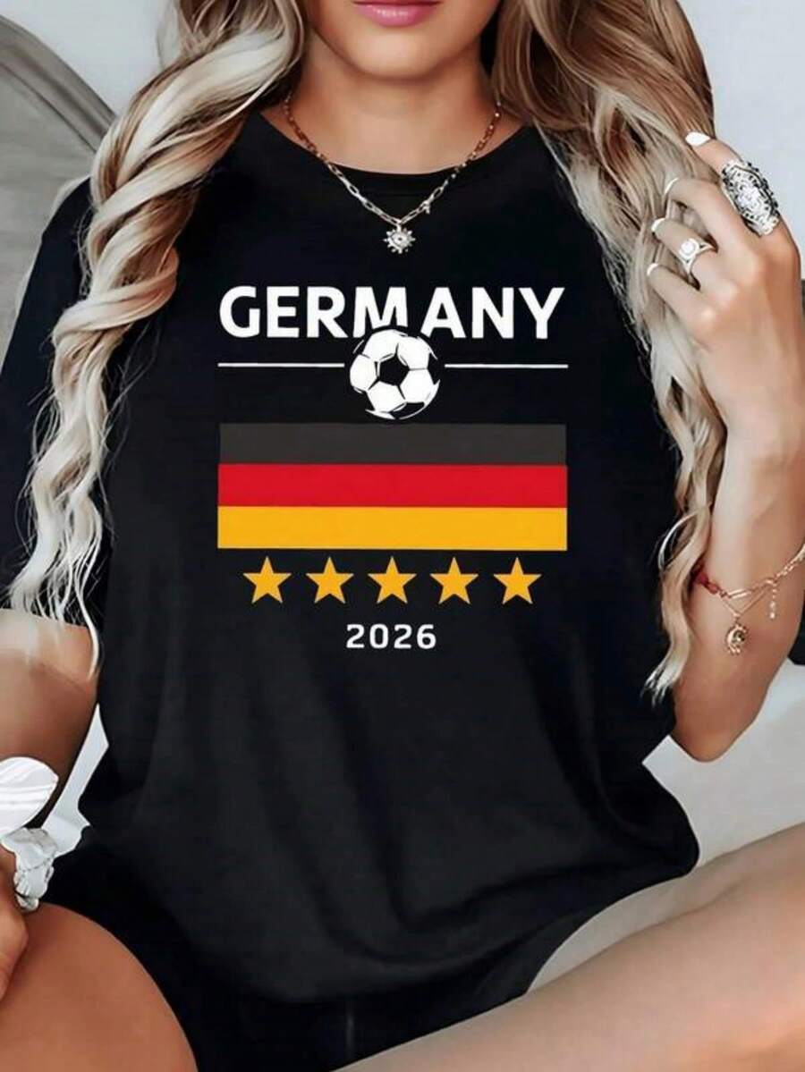 Mujer Camiseta de manga corta con estampado térmico de bandera y fútbol en tonos blanco, negro y amarillo, diseño de estrellas y letras, tema fútbol - Negro - Ver 1