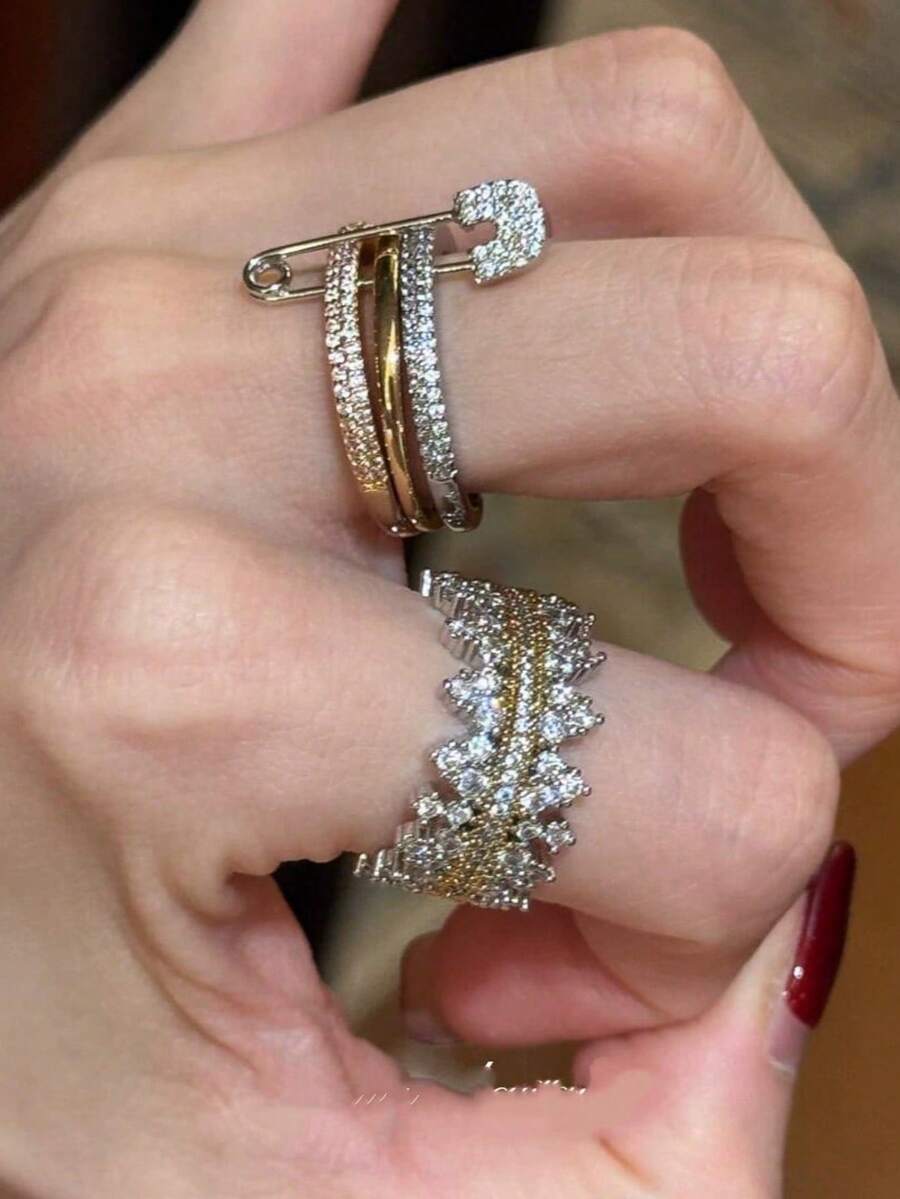 Broche vintage tricolor, anillo de de encaje con diamante de imitación, joyería brillante para mujeres, versátil para uso diario, vacaciones, fiestas, regalo - multicolor - Ver 1