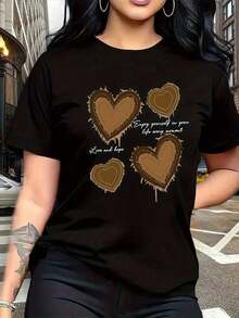 Camiseta de manga corta para mujer con estampado de corazones vintage en color marrón - Blusa casual de cuello redondo con tela de elasticidad media, top cómodo para todas las estaciones, ideal para atuendos casuales, viajes y para usar en capas, lavable a máquina. - Negro - Ver 6