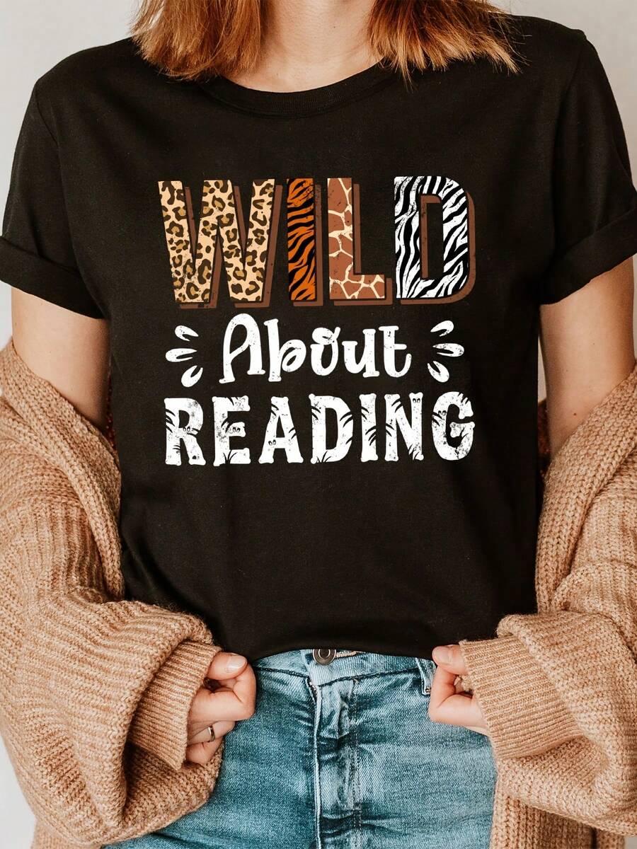 Camiseta de Tela Suave: 1 pieza de camiseta para mujer, estampada con la frase "Crazy About Reading", top casual de manga corta con cuello redondo, ligeramente elástica, de tejido de punto, a la moda para todas las estaciones, adecuada para amantes de los libros. Camiseta de moda. - Negro - Ver 1
