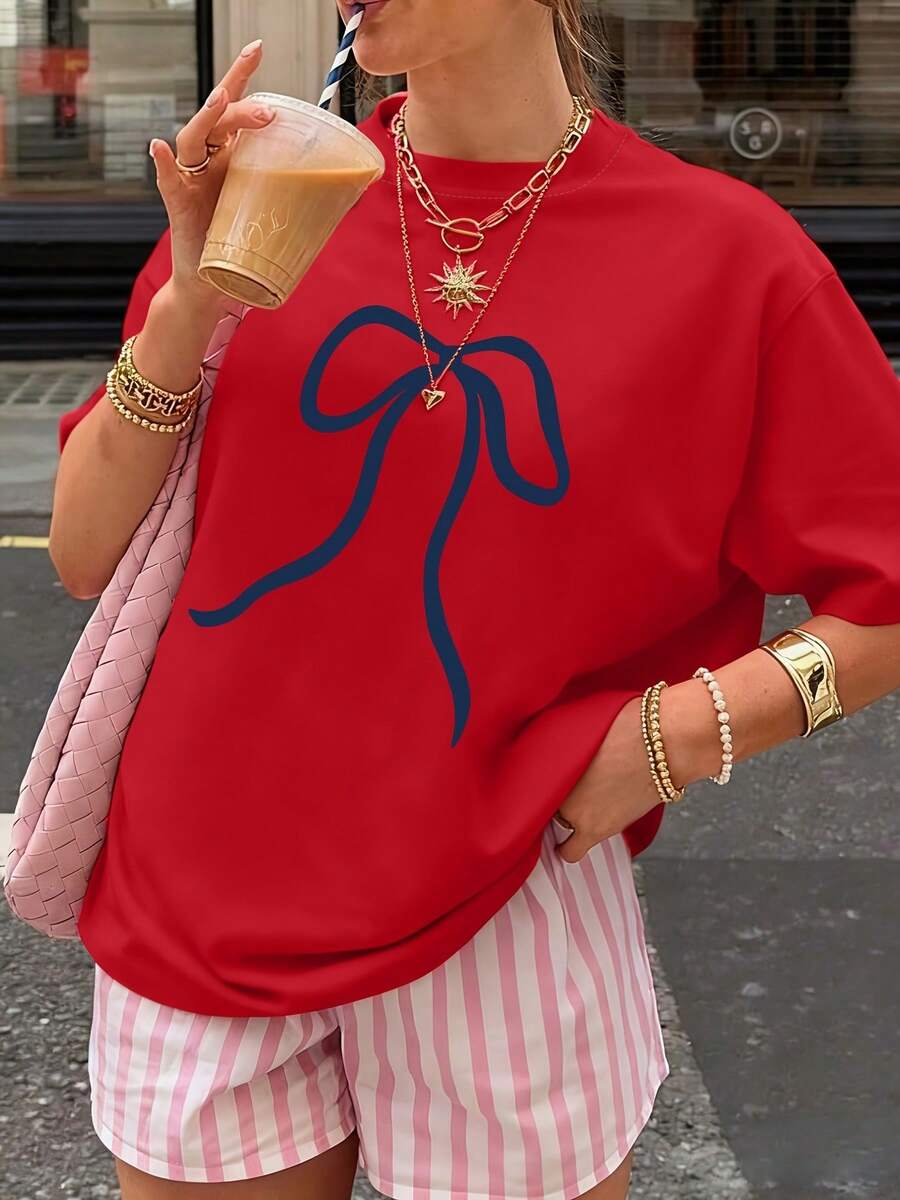 2026 Nueva Camiseta de Moda para Mujer Primavera/Verano Estilo Casual Y2K con Cuello Redondo y Estampado Artístico de Lazo, Camiseta de Verano Fresca y Moderna de Manga Corta - Estilo Vintage Urbano Unisex, Camiseta Holgada de Algodón con Cuello Redondo y Manga Corta - Rojo - Ver 1