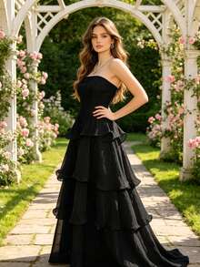 Vestido midi elegante para fiesta, sin tirantes, volantes, falda pastel, perfecto para verano y vacaciones - Negro - Ver 3