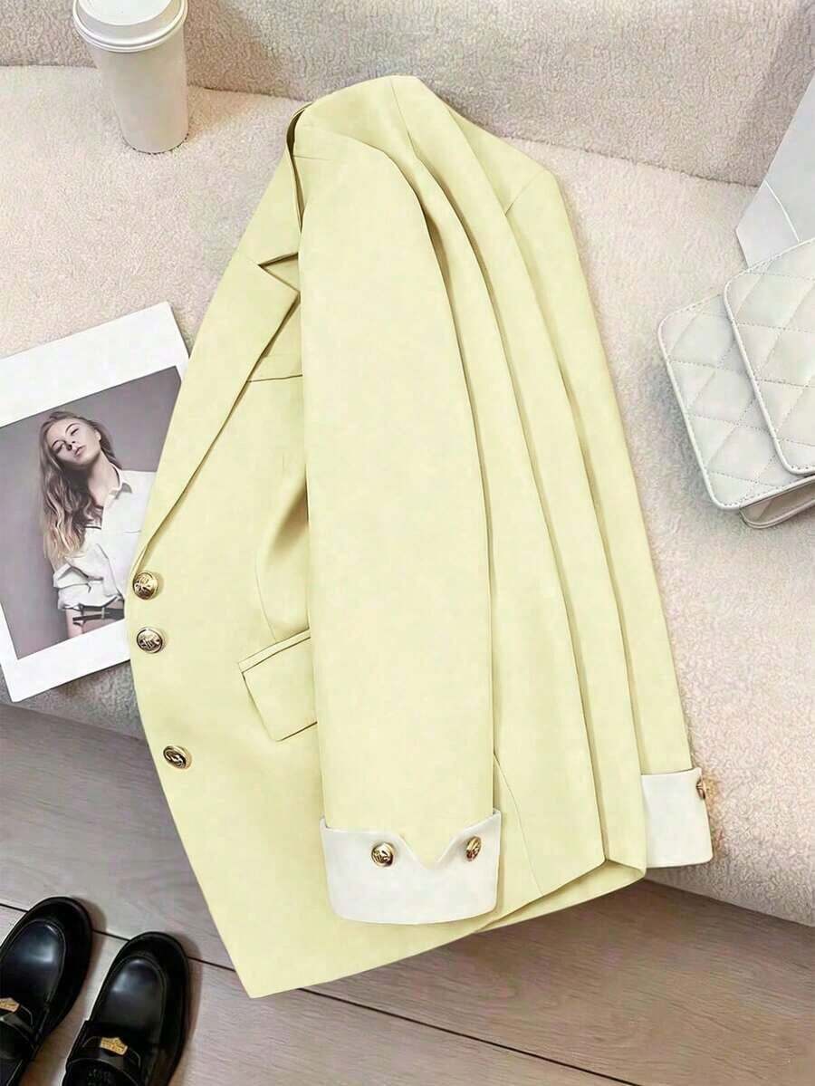 Blazer casual con cuello de solapa y botones para mujer, primavera - Amarillo claro - Ver 1