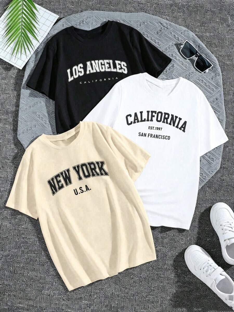 Single Garment, Not A 3-Piece Set, 1 Piece/Set Of Sleeve T-Shirts Suitable For Streetwear, Top Oversized Round Neck Daily Outings, Camping, Concerts, Hip-Hop, Rock, And Events Women's T-Shirts, Comfortable T-Shirts, Casual Women's Clothing, Short T-Shirts, Women's Fashion, Versatile Garments, Modern Styles. - 黑色 - 查看 1