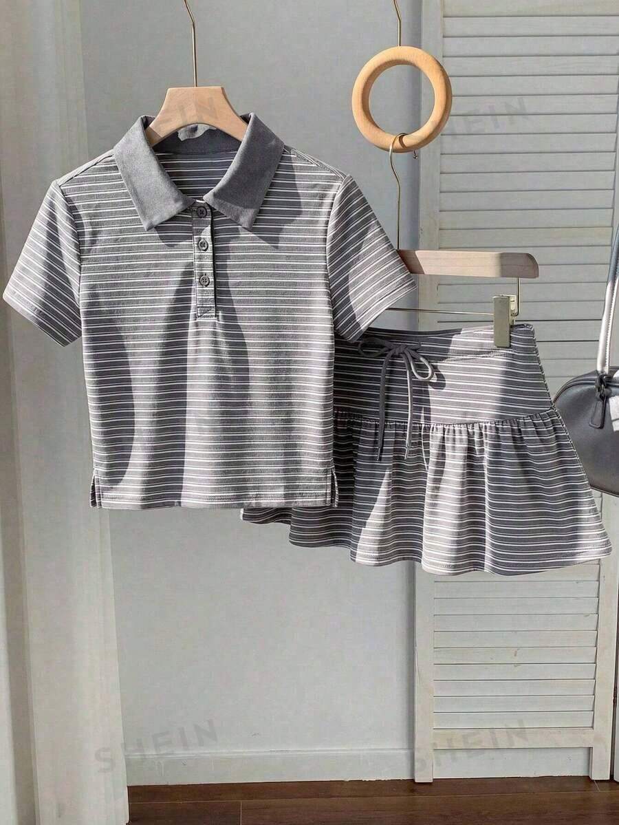 Conjunto de 2 piezas de camiseta de manga corta a rayas y minifalda casual de verano para mujer - Gris - Ver 1