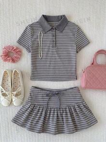 Conjunto de 2 piezas de camiseta de manga corta a rayas y minifalda casual de verano para mujer - Gris - Ver 11