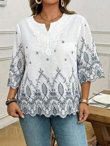 Blusa de verano de talla grande, de unicolor, hueca, bordada, casual, para vacaciones, temporada de bodas, nuevo diseño de playa para mujer - Multicolor - Ver 4