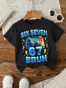 Camiseta de manga corta con cuello redondo para niño, estilo casual, deportivo, retro americano, con estampado de dibujos animados, estilo vacacional, sencilla y relajada, adecuada para primavera/verano, uso diario, estilo urbano, hogar, vacaciones, moda de primavera y verano, conjuntos de verano, comodidad fácil, capas para niños, niños con estilo, ropa casual, camisetas gráficas para niños, regreso a la escuela, ropa de primavera y verano, regreso a casa. - Negro - Ver 2