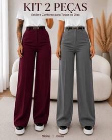 Kit Of 2 Women's Tailored Wide Leg Pants With Belt - 灰色/酒紅色 - 查看 1