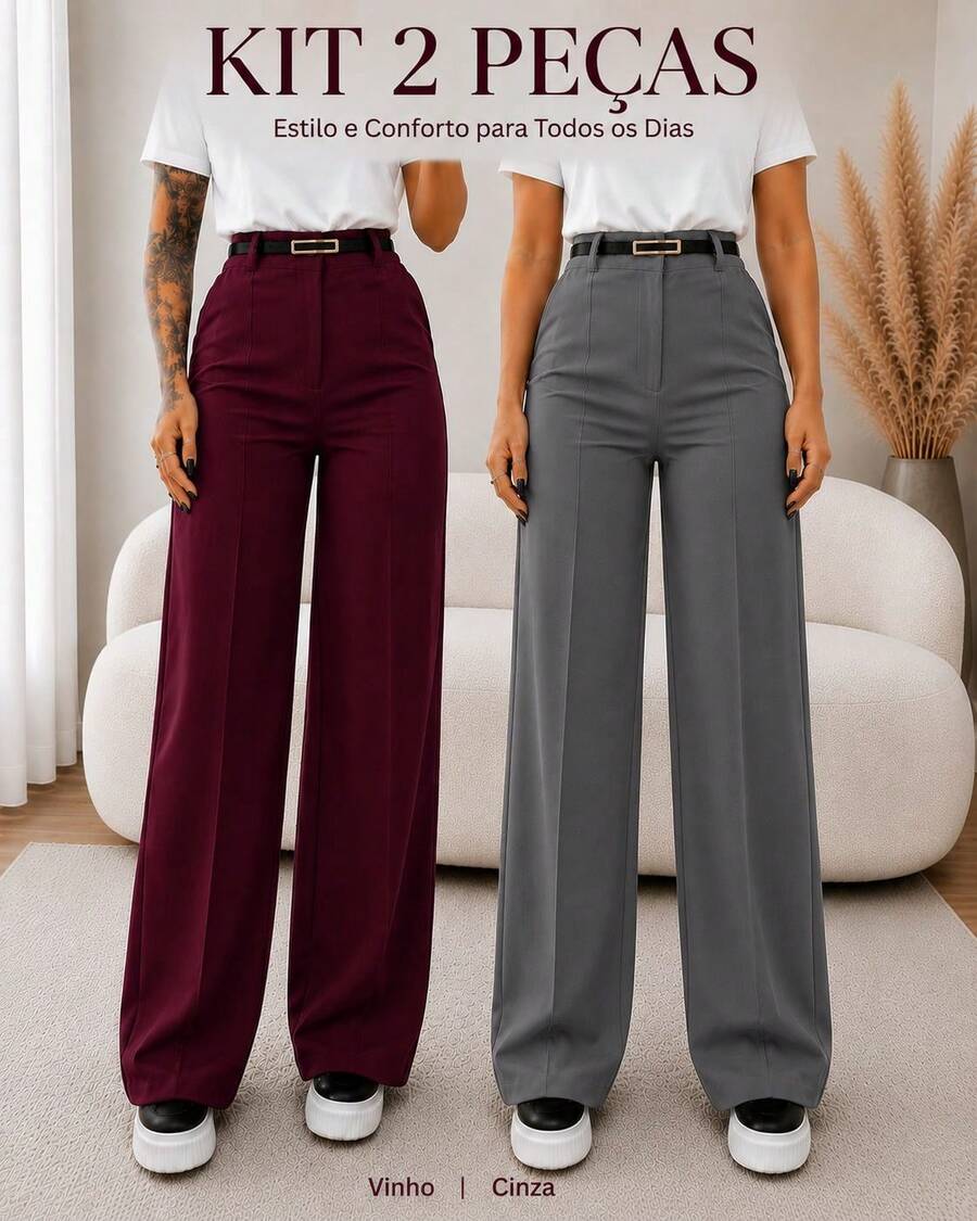 Kit Of 2 Women's Tailored Wide Leg Pants With Belt - 灰色/酒紅色 - 查看 1