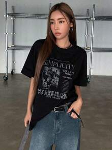 Women's Casual Black Graphic Print T-Shirt, Round Neck, Short Sleeve Top, Regular Length Knit Summer Streetwear 3GY0 - 黑色 - 查看 4