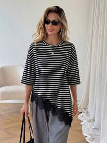Camiseta de mujer de manga corta con estampado de leopardo, parche de encaje, bajo asimétrico, adecuada para vacaciones de verano, ir al trabajo y uso diario - Blanco y Negro 2 - Ver 6