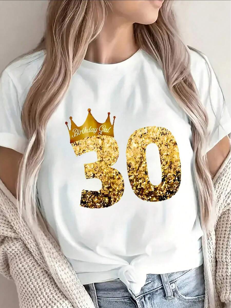 Camiseta de manga corta con diseño de 30 y con brillo dorado, perfecta para fiestas de celebración de cumpleaños, ligera y duradera, ajuste cómodo para mujeres, para uso casual en el hogar o en un restaurante - Blanco - Ver 1