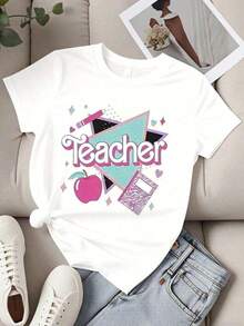Women's Clothing White Teacher T-Shirt With Apple And Notebook Print Casual Women's Clothing For School And Everyday Wear Women's Shirts - 白色 - 查看 3