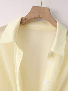 Nueva blusa informal de mujer de gasa de unicolor con mangas de murciélago cortas - Amarillo - Ver 4