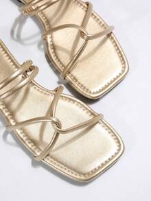 French Solid Color Elegant Vacation Fashion Casual Goddess Commute Retro Business Party Cross Strap Women Simple Fashionable Linear Graceful Elegant Wind Flat Sandals Beach Wedding Party Office Home Outdoor Summer - Gold - View 7