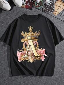 Graphic T-Shirt With Royal Initial A, Elegant Women's T-Shirt With Floral Design And Ornate Crown, Artistic Print, Unique Style, Soft And Comfortable Fabric, Perfect Gift For Her - 黑色 - 查看 3