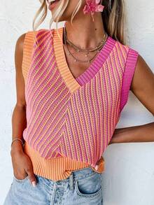Plus Size Colorblock Knit Vest, Hollow Striped Design, Loose Fit Cropped Silhouette, Versatile Sleeveless Top For Spring & Summer Vacation - Multicolor - View 2