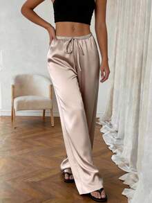 1pc Solid Color Drawstring Pocket Satin Pants, Comfortable For Home Wear, All Season Spring - Khaki - View 6
