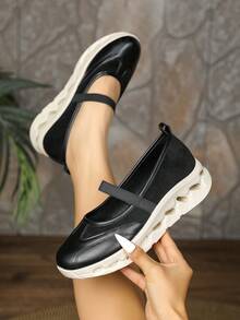 Vintage Elastic Mary Jane Women's Shoes, Hollow Wave Thick Platform Wedge Shoes, Lightweight Non-Slip Low Vamp Casual Commuter Shoes - Black - View 4
