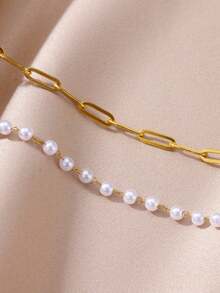 1 chiếc vòng chân hai lớp hình sao biển và ngọc trai bằng thép không gỉ mạ vàng 18K, phụ kiện đi biển mùa hè, quà tặng hàng ngày cho phụ nữ - Vàng - Xem 11