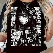 Under The Radar - Camiseta Oversize de Anime y Manga para Mujer - Estampado de Cómic Japonés Shoujo, Camiseta Negra de Manga Corta, Corte Holgado, Estilo Casual de Verano para Atuendos Informales - Estilo Urbano Vintage Unisex, Camiseta de Algodón de Manga Corta con Cuello Redondo - Negro - Ver 7