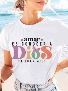 1 Piece [Plus Size] Women's Christian T-Shirt With The Spanish Phrase "God Loves" - Prayer T-Shirt With Spanish Scripture, Short Sleeve, Round Neck, Casual Spring And Summer Wear, Religious Clothing For Church And Everyday Use, 180g 100% Cotton - 白色 - 查看 2