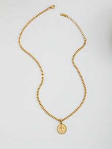 1Pc Resplendent Stamped Crucifix Medallion For Boys Girls Twisted Rope Link Disc For Sunday Service Antique Bazaars Rooftop Dinners Nature Hikes. Divine Emblem & Effortless Apparel Detail - Gold - View 5