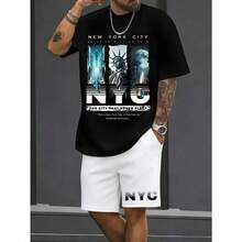 Camisetas con Estampado de la Estatua de la Libertad de Nueva York, Conjunto de 2 Piezas para Hombre, Estilo Americano Vintage, Conjunto de Camiseta y Pantalones Cortos, Traje Deportivo Casual de Verano - Negro - Ver 2