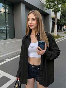 Camisa de manga larga holgada con estampado minimalista para mujer - Negro - Ver 3