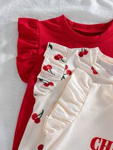 3pcs/Set Girls' Casual Outgoing Fashion Cherry & Letter Print Round Neck Sleeveless Tops, Summer - Multicolor - View 4