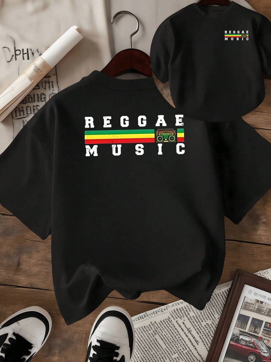 Símbolos de ritmo y libertad que evocan la energía del reggae con colores vivos verde amarillo y rojo y un toque retro con radio clásica camiseta de mujer doble cara estampada casual cómoda para uso diario - Negro - Ver 1