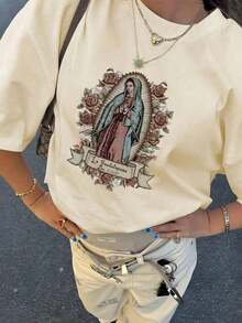 Suave Camiseta de mujer estampada de manga corta para verano, tela de poliéster, estilo multifuncional, corte regular, peso 200 gramos, 1 unidad, blusas para mujer elegante - Albaricoque - Ver 1