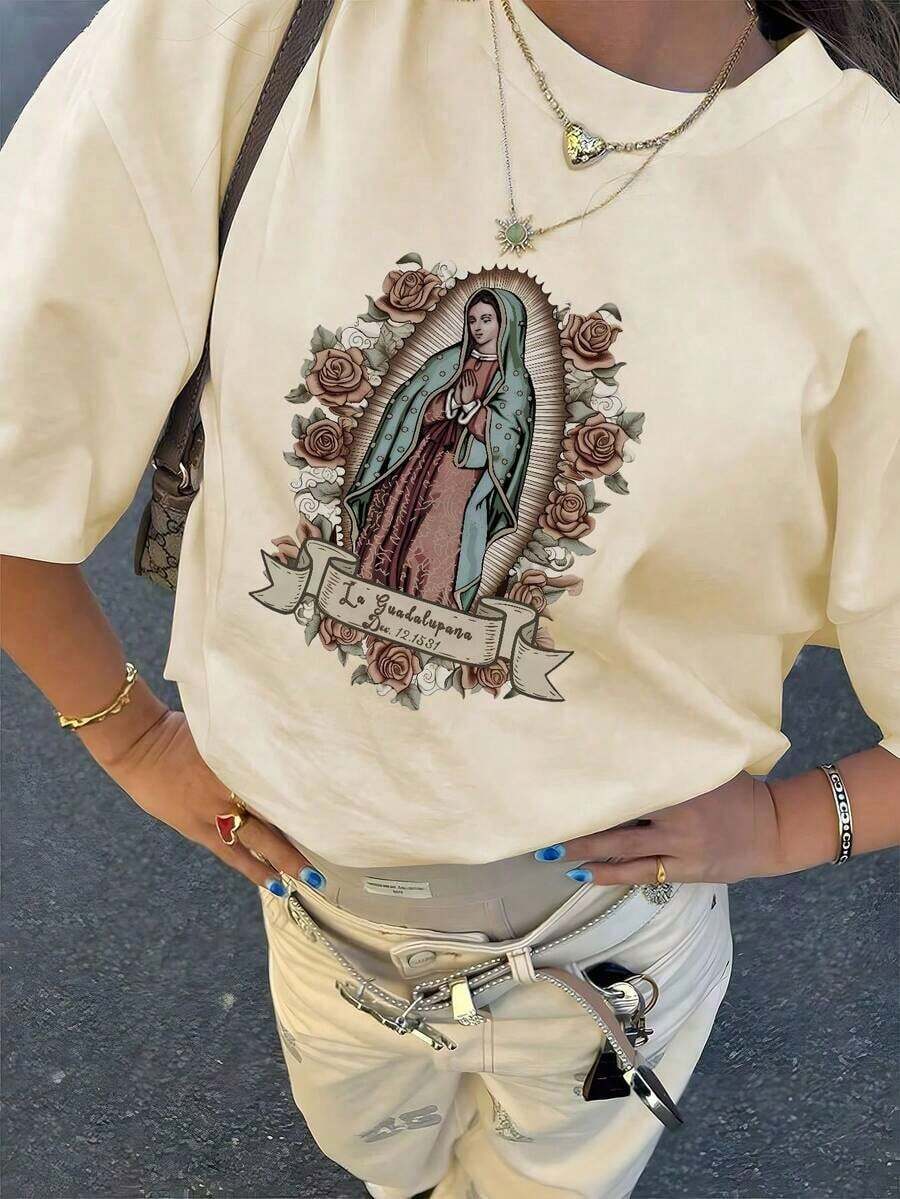 Suave Camiseta de mujer estampada de manga corta para verano, tela de poliéster, estilo multifuncional, corte regular, peso 200 gramos, 1 unidad, blusas para mujer elegante - Albaricoque - Ver 1