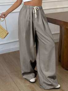 Pantalones rectos sueltos de unicolor con cintura elástica y cordón, informales de lino para el verano - Gris - Ver 4