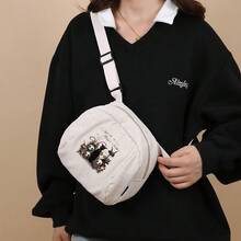 Corduroy Crossbody Bag For Women And Girls  
Nightmare Before Christmas Characters And Magic Words Print  
Perfect For Daily Use School Travel And Casual Outings - 米白色 - 查看 2
