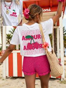 Ropa de vacaciones, primavera y resort para mujer, camiseta gráfica de cerezo de primavera, camiseta gráfica Y2K, camiseta gráfica rosa, blusas de manga corta lindas de verano - Blanco - Ver 4