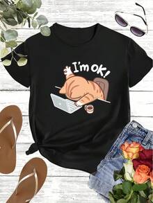 Women's Casual Sports T-Shirt With Cartoon Cat Graphic - Black Crew Neck T-Shirt, Elastic And Machine Washable, For All Seasons, Comfortable Fit For Daily Wear And Casual Activities. - 黑色 - 查看 1