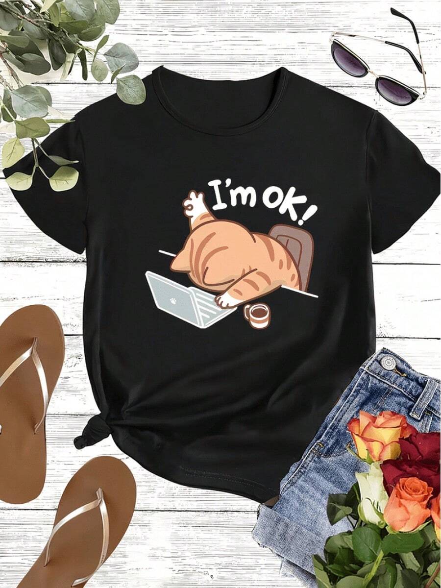 Women's Casual Sports T-Shirt With Cartoon Cat Graphic - Black Crew Neck T-Shirt, Elastic And Machine Washable, For All Seasons, Comfortable Fit For Daily Wear And Casual Activities. - 黑色 - 查看 1