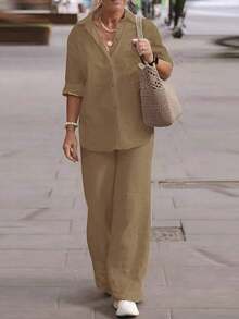 Cardigan casual con cuello polo ligero, blusa elegante de unicolor versátil adecuada para la playa, el diario, el trabajo, las compras, de tela suave, pantalones sueltos con cintura elástica, conjunto de 2 piezas, primavera/verano/otoño - Café integral - Ver 3