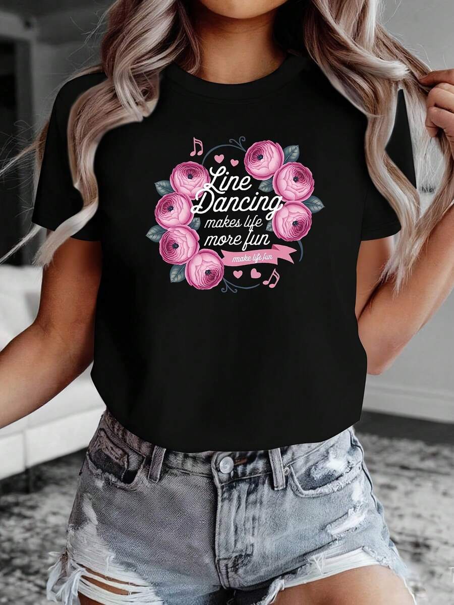Women's Pure Cotton T-Shirt, Elegant Short-Sleeved T-Shirt With Rose Wreath And Line Dancing Print That Makes Life More Fun, Black Short-Sleeved Round Neck Printed T-Shirt - Machine Washable, Suitable For Spring, Summer And Autumn, Casual Style, Comfortable Fit, Modern Design, Versatile For Daily Wear, Soft Fabric, Fashionable Style. - 黑色 - 查看 1