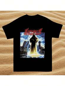 Camiseta Unisex de Corte Holgado con Estampado Gráfico de Moda Masculina, con una Banda de Rock, un Logotipo Rojo Intenso y un Diseño de Cielo Tormentoso. Lavable a máquina, adecuado para uso casual y festivales, cómodo y agradable para la piel, ideal para el uso diario. Una camiseta de manga corta adecuada para el hogar, uso diario, fiestas y viajes-perfecta como regalo para amigos o familiares. - Negro - Ver 1