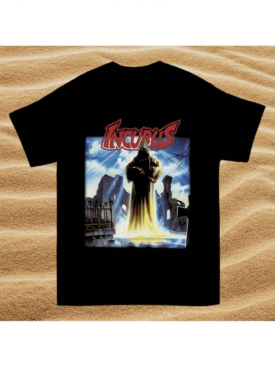 Camiseta Unisex de Corte Holgado con Estampado Gráfico de Moda Masculina, con una Banda de Rock, un Logotipo Rojo Intenso y un Diseño de Cielo Tormentoso. Lavable a máquina, adecuado para uso casual y festivales, cómodo y agradable para la piel, ideal para el uso diario. Una camiseta de manga corta adecuada para el hogar, uso diario, fiestas y viajes-perfecta como regalo para amigos o familiares. - Negro - Ver 1