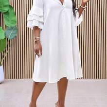 Women Solid Color Simple Casual Beach Short Sleeve Layered Ruffle Sleeve Shirt, Uneven Hem Mid-Length Dress,Graduation Dress - Rosa - Ver 10